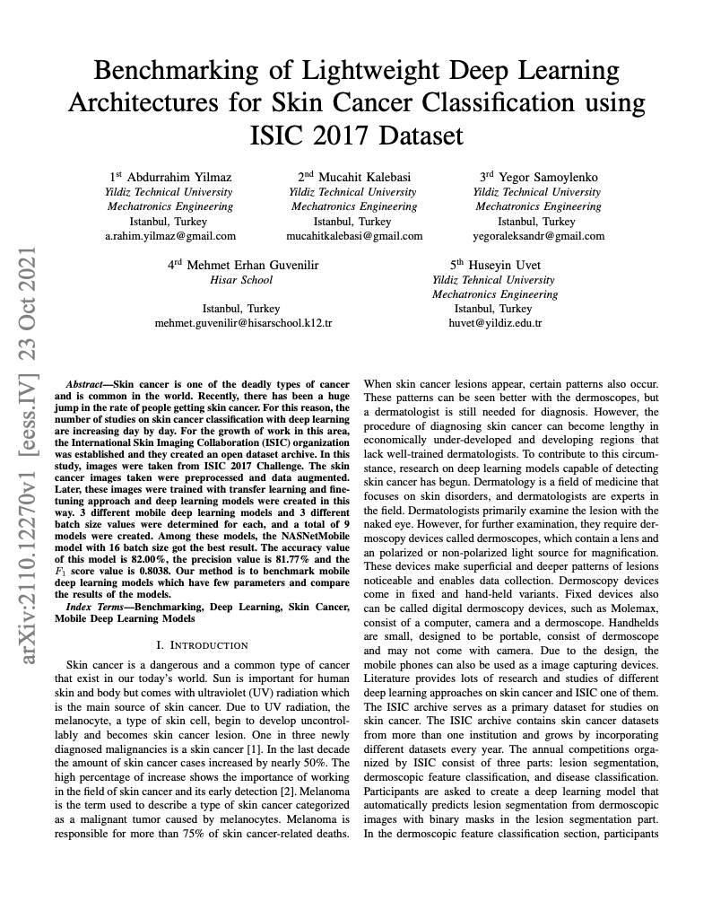 Benchmarking of Lightweight Deep Learning Architectures for Skin Cancer Classification